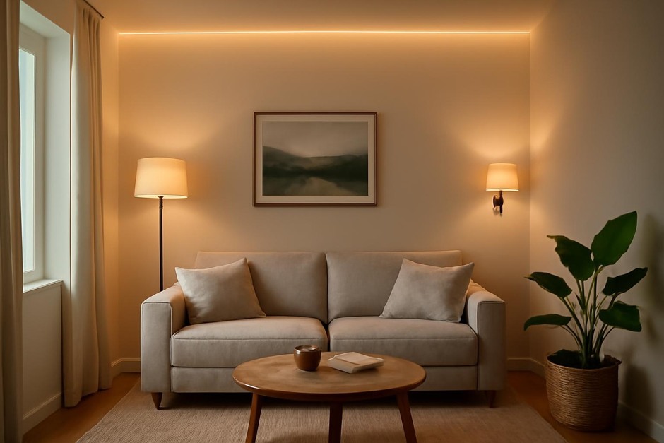 Cozy small living room lit with a combination of floor lamp, wall sconce, and LED strips