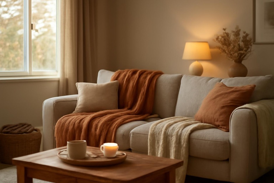 Cozy living room with layered blankets and warm lighting