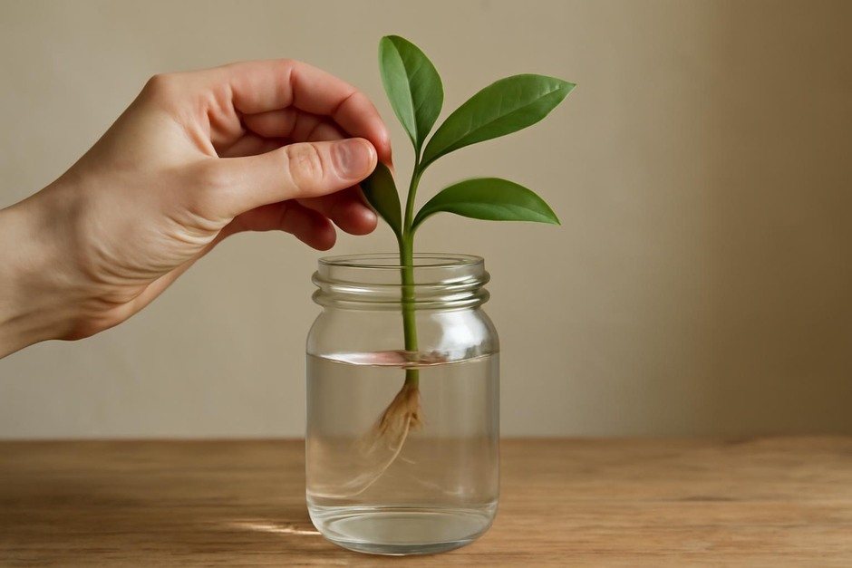 Hand holding a leafy stem above a jar of water with roots beginning to form